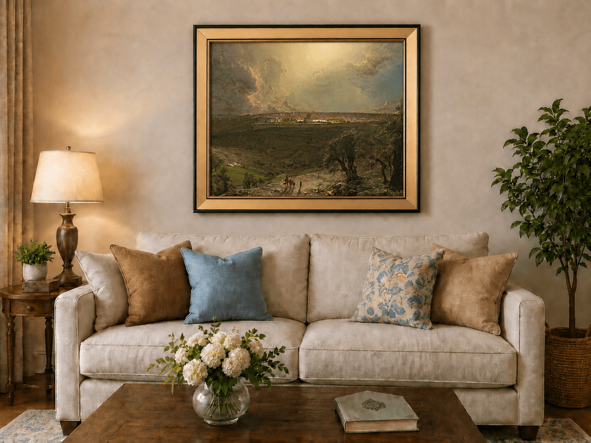 Ancient city with rural plains and olive trees landscape oil painting displayed in a styled home interior.
