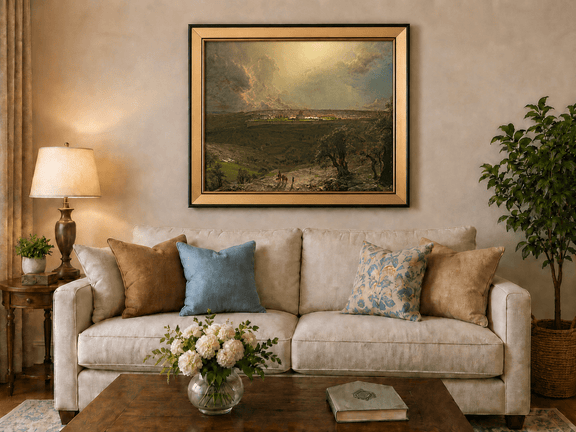 Ancient city with rural plains and olive trees landscape oil painting displayed in a styled home interior.