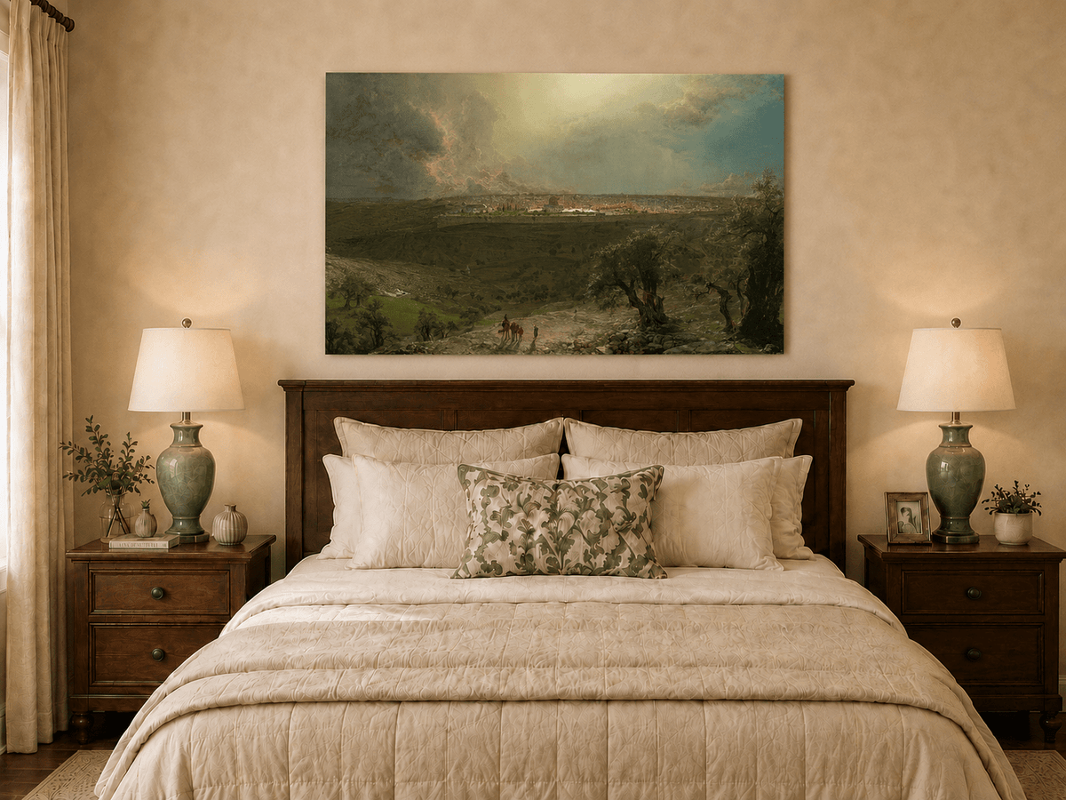 Ancient rural plains oil painting displayed as landscape wall decor.