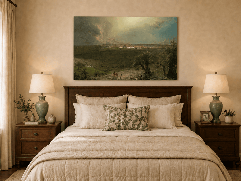 Ancient rural plains oil painting displayed as landscape wall decor.