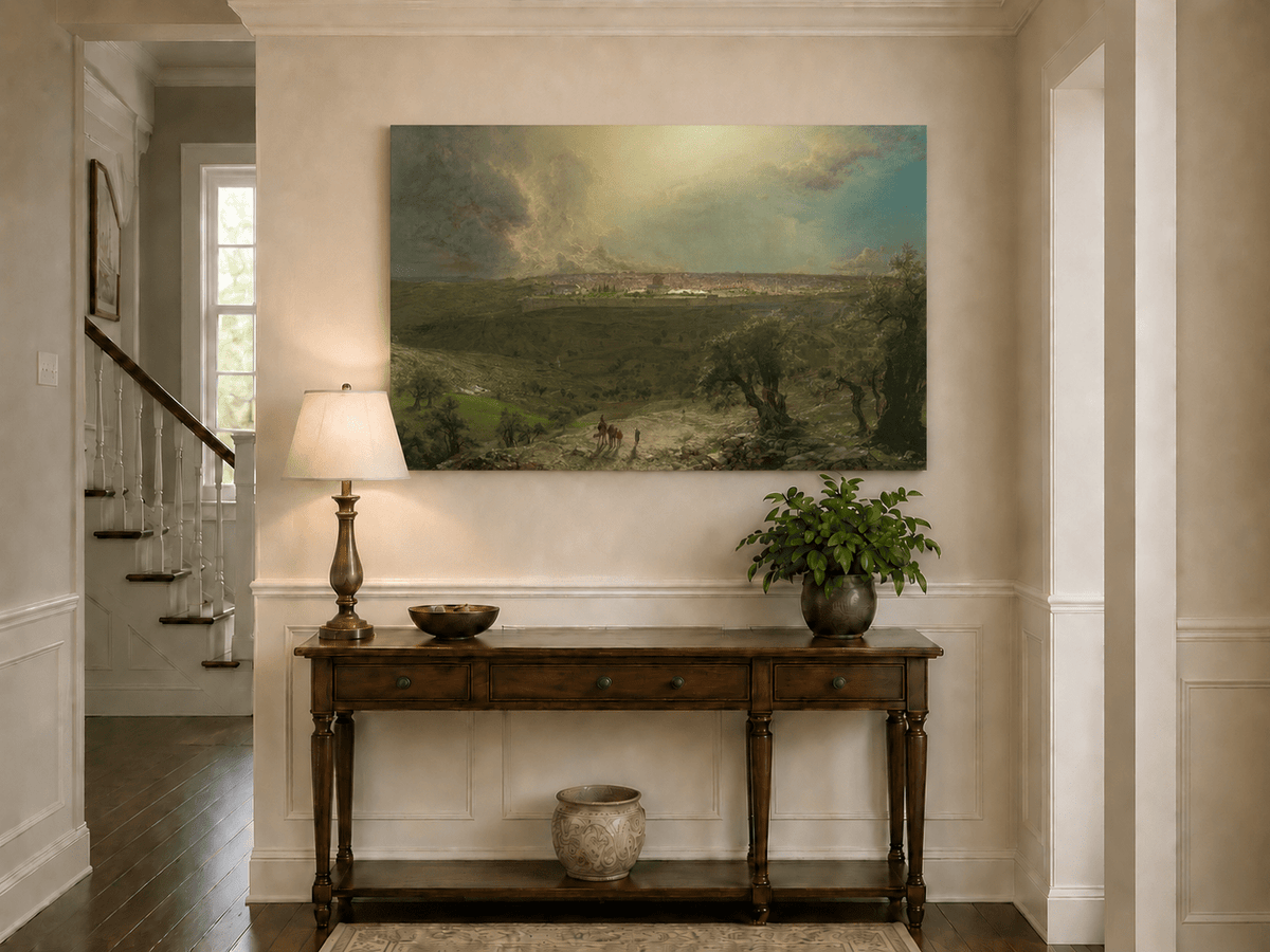 Ancient city and rural plains landscape painting shown as decorative oil wall art.