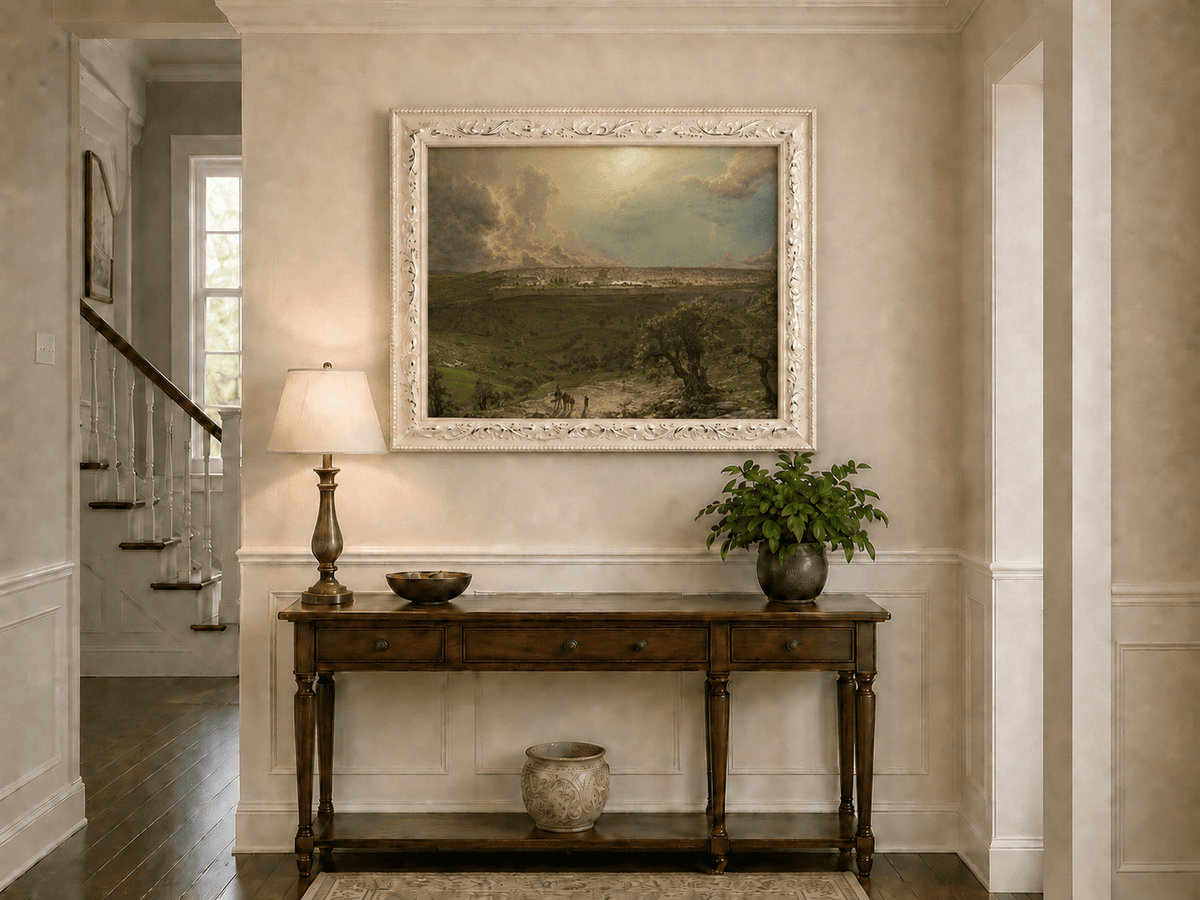 Ancient city, rural plains and olive trees hand-painted oil artwork shown as home wall decor.