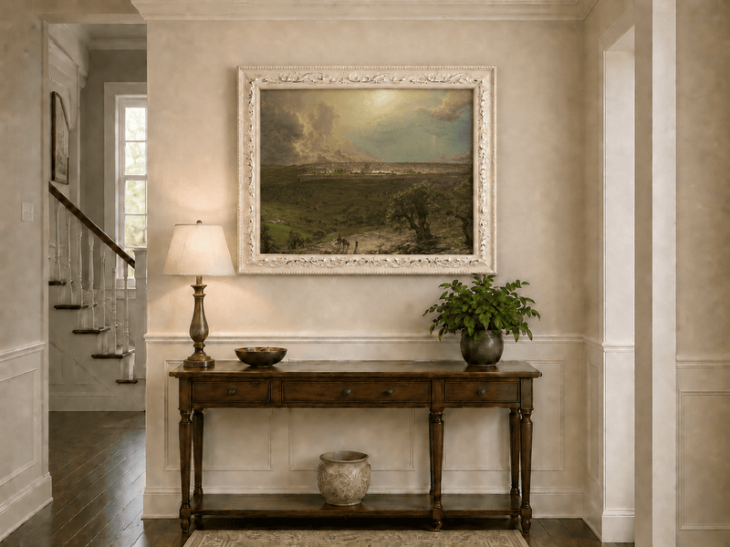 Ancient city, rural plains and olive trees hand-painted oil artwork shown as home wall decor.