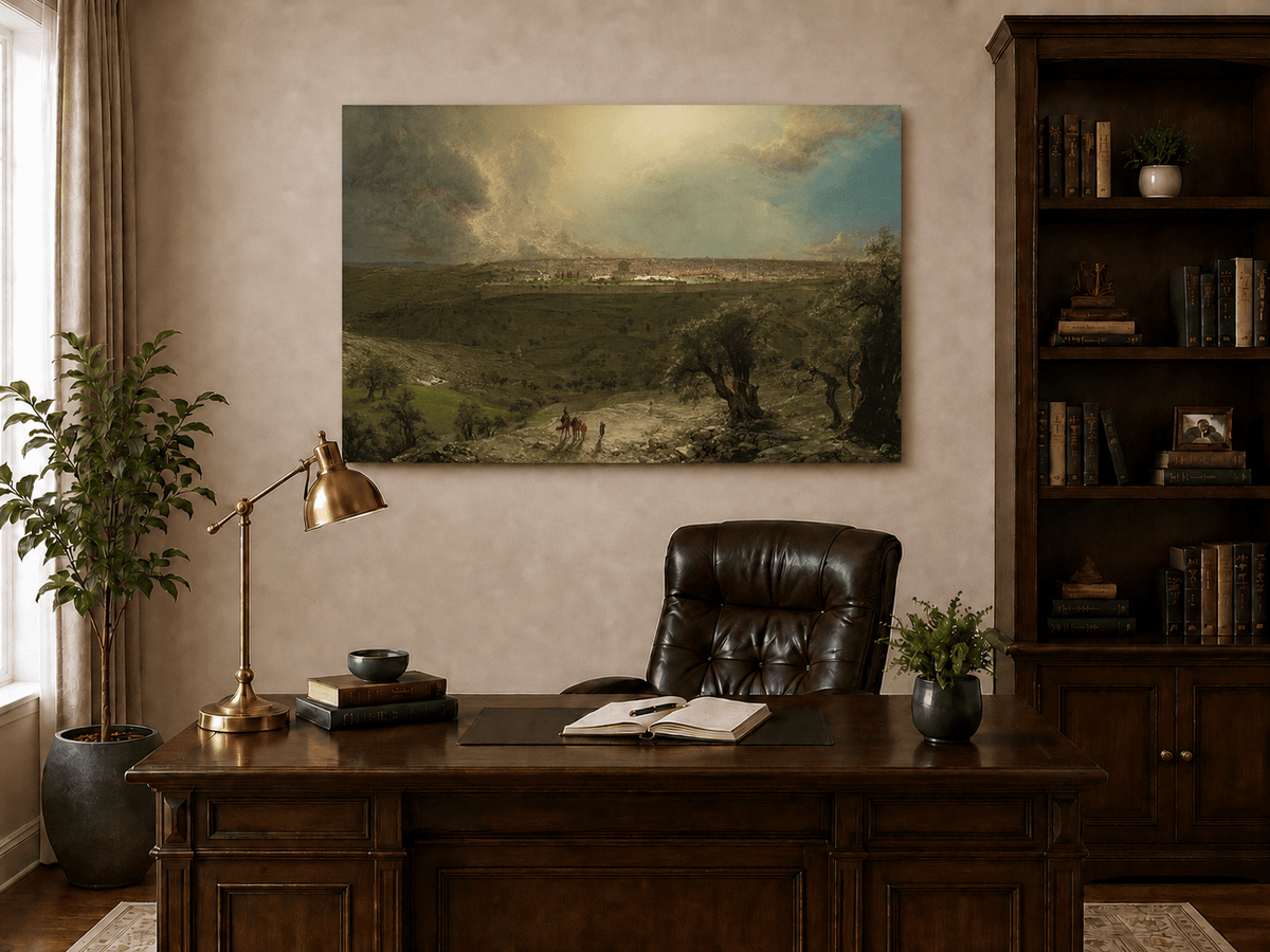 Interior wall art view featuring an ancient city, rural plains and olive trees oil painting.