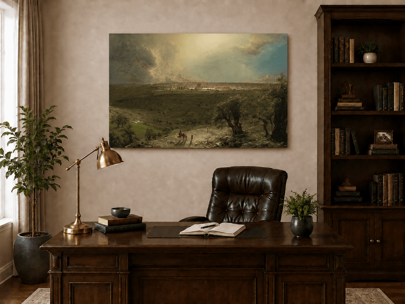 Interior wall art view featuring an ancient city, rural plains and olive trees oil painting.