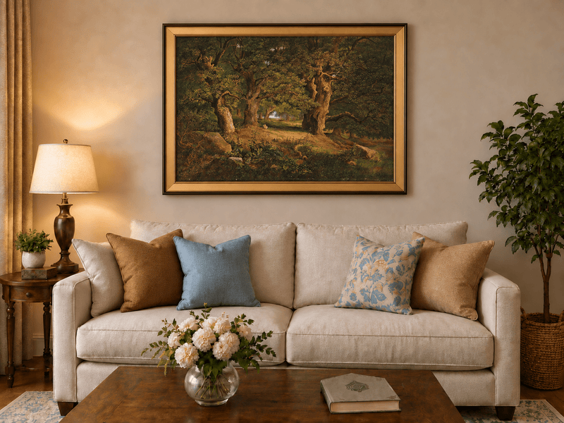 Pintura al óleo de paisaje - Bosque antiguo: robles nudosos y luz solar