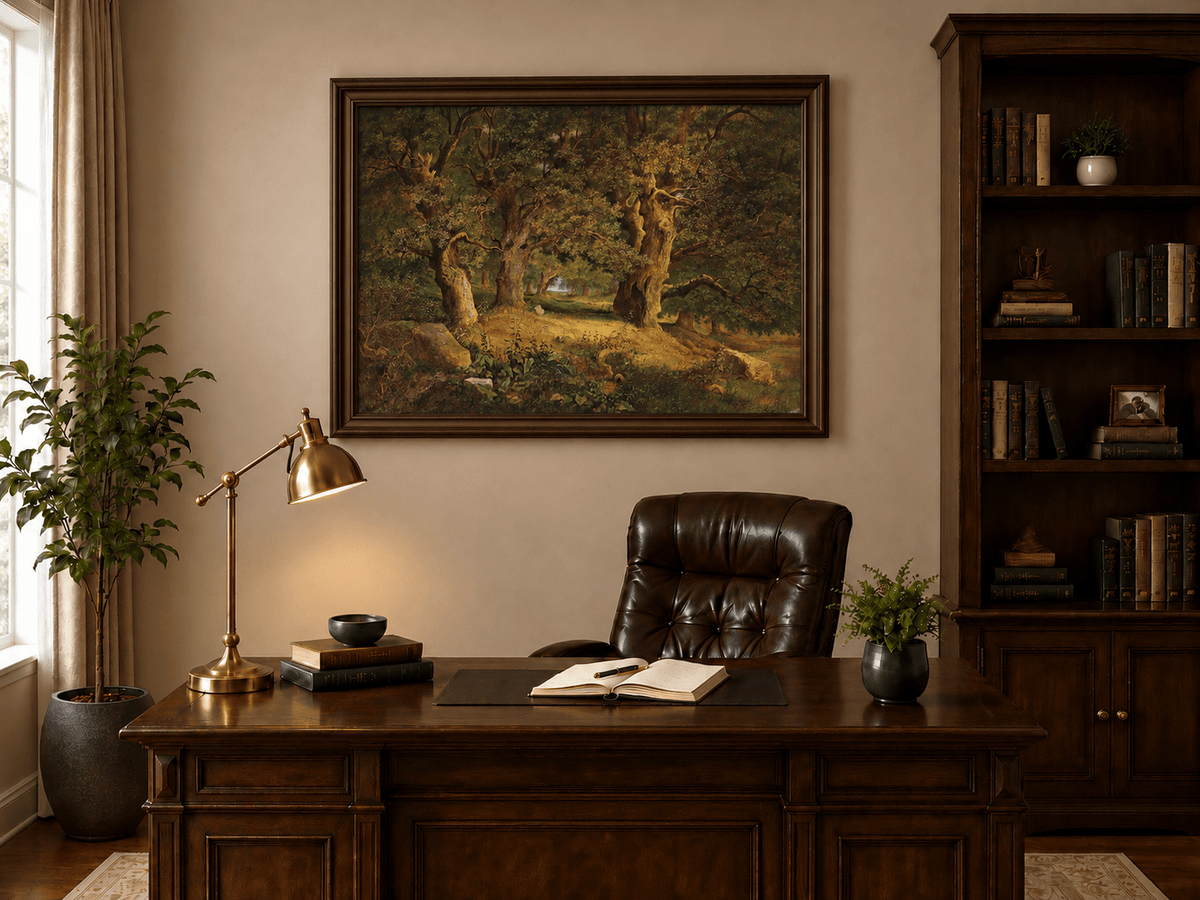 Pintura al óleo de paisaje - Bosque antiguo: robles nudosos y luz solar