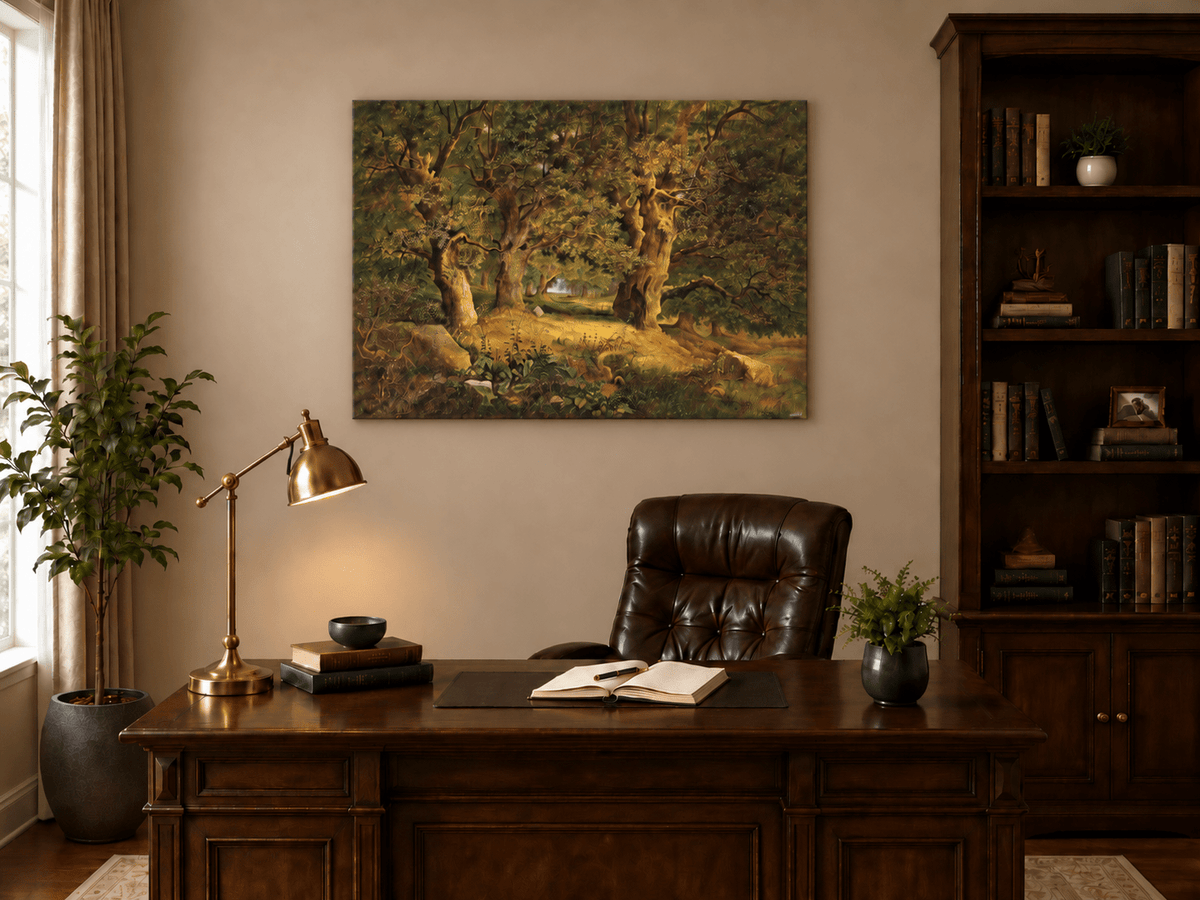 Pintura al óleo de paisaje - Bosque antiguo: robles nudosos y luz solar