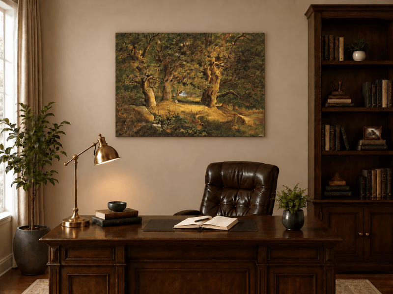 Pintura al óleo de paisaje - Bosque antiguo: robles nudosos y luz solar