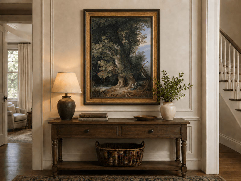 Peinture à l'huile de paysage - Rivière printanière avec pêcheur et arbres