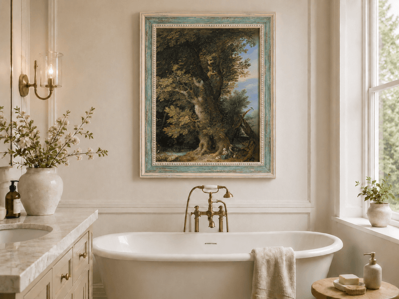 Peinture à l'huile de paysage - Rivière printanière avec pêcheur et arbres