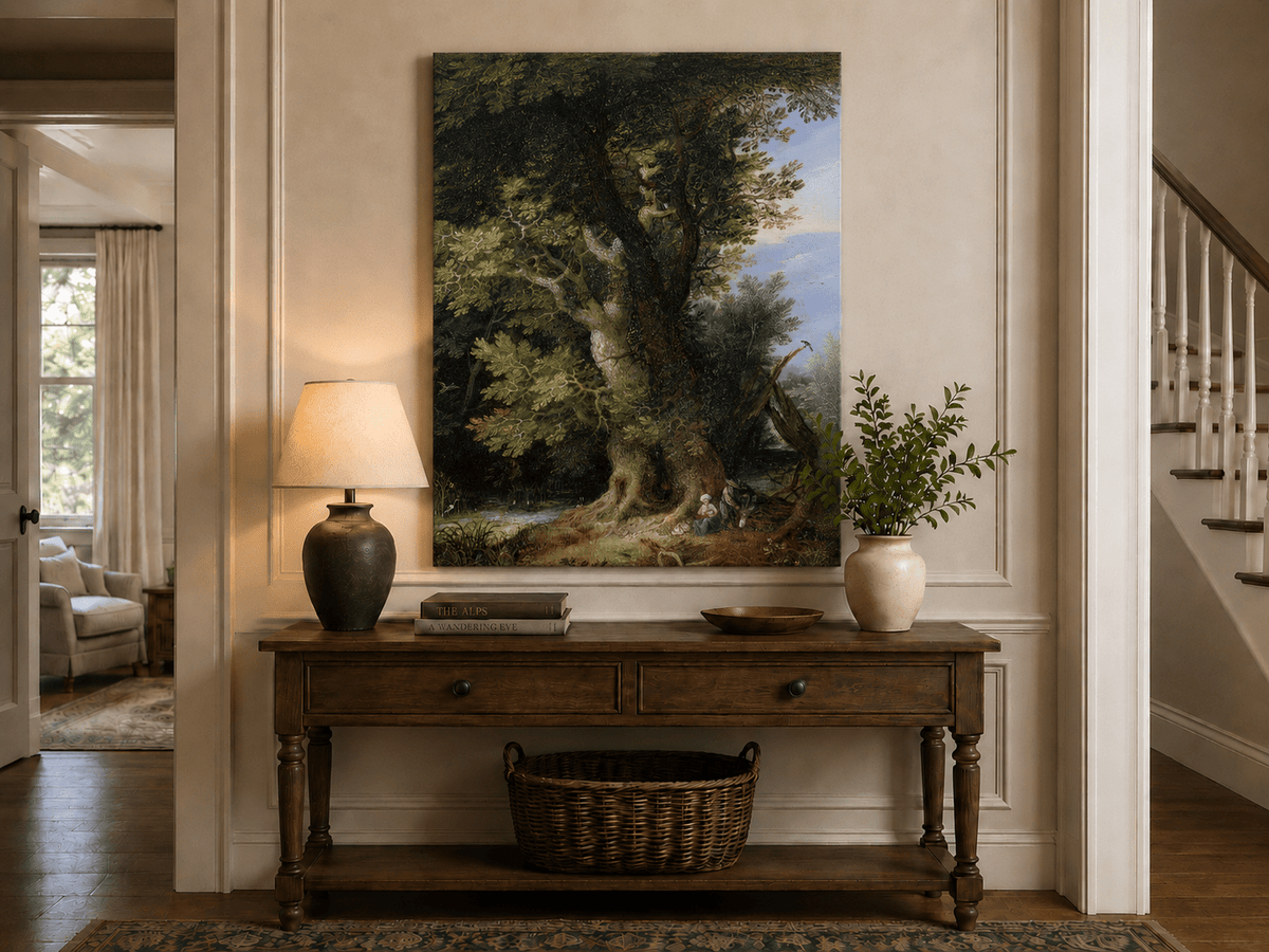 Peinture à l'huile de paysage - Rivière printanière avec pêcheur et arbres