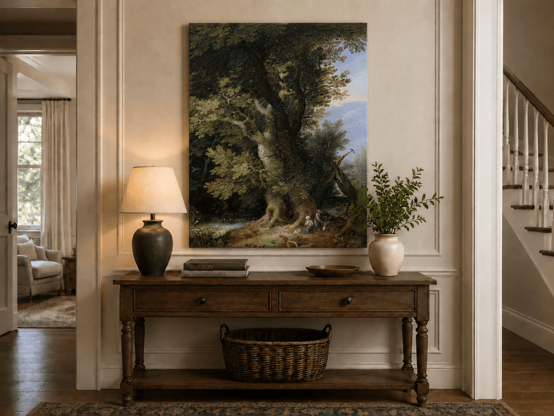 Peinture à l'huile de paysage - Rivière printanière avec pêcheur et arbres