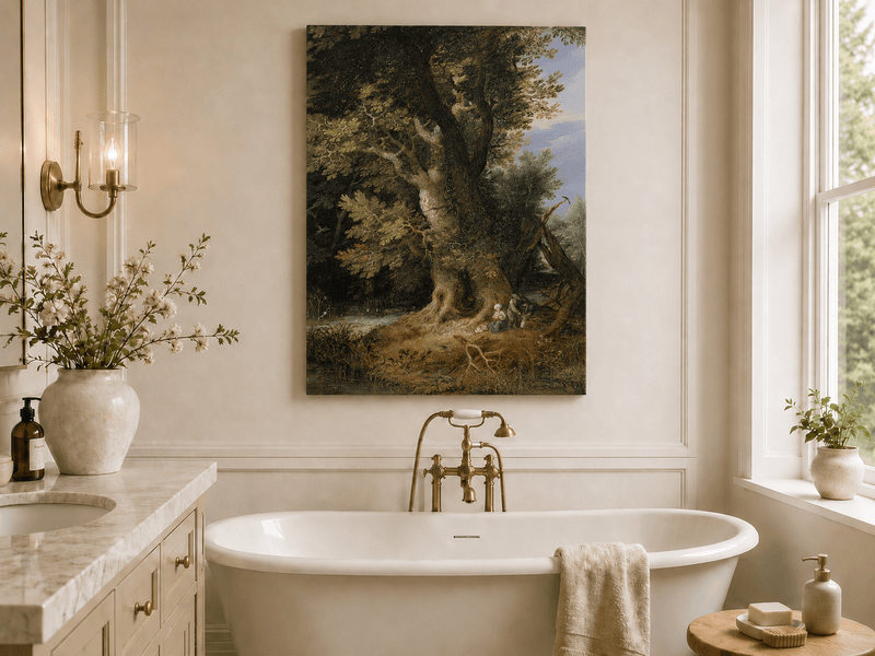 Peinture à l'huile de paysage - Rivière printanière avec pêcheur et arbres