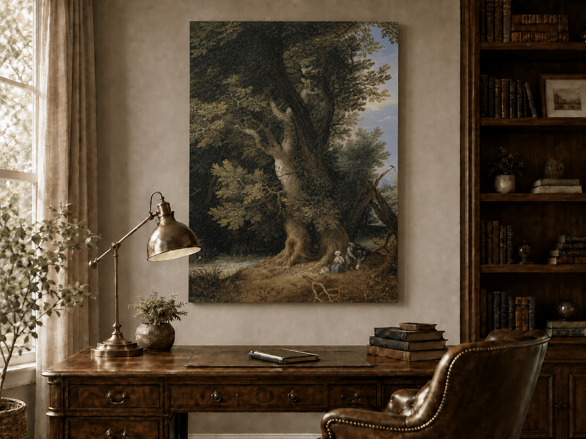 Peinture à l'huile de paysage - Rivière printanière avec pêcheur et arbres
