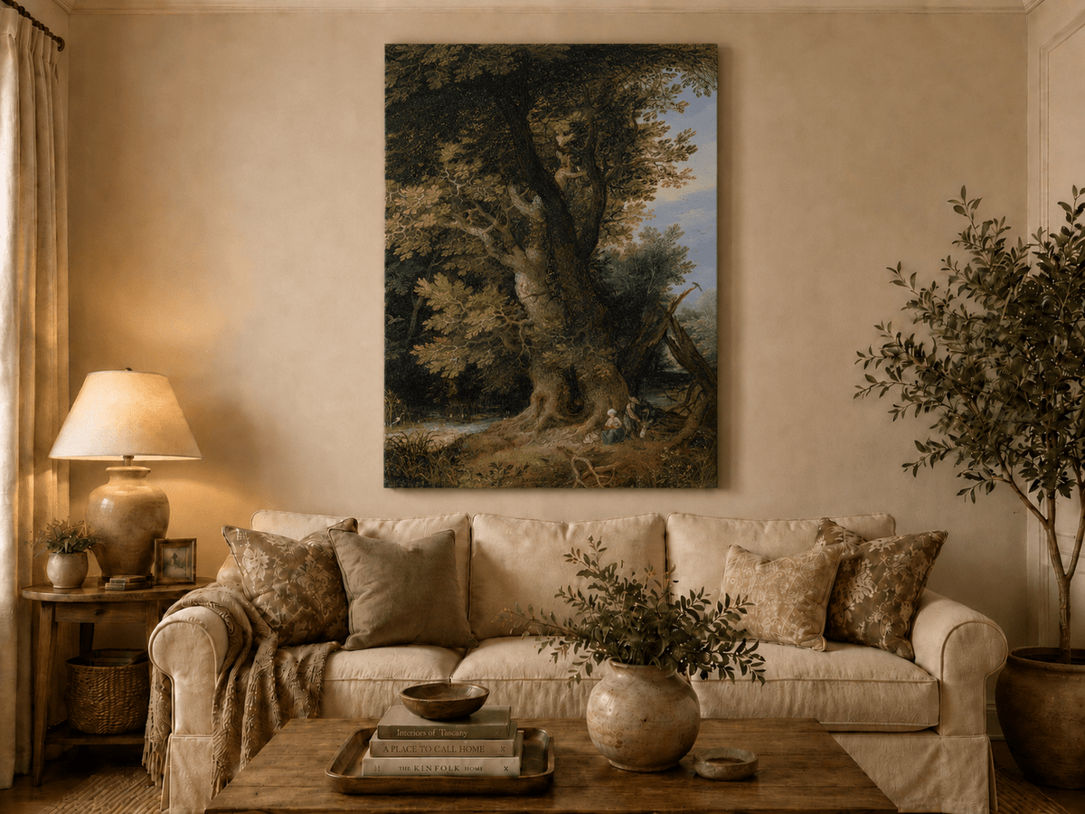 Peinture à l'huile de paysage - Rivière printanière avec pêcheur et arbres
