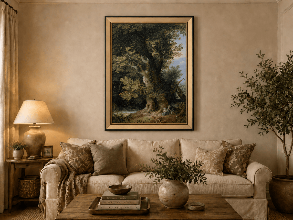 Peinture à l'huile de paysage - Rivière printanière avec pêcheur et arbres