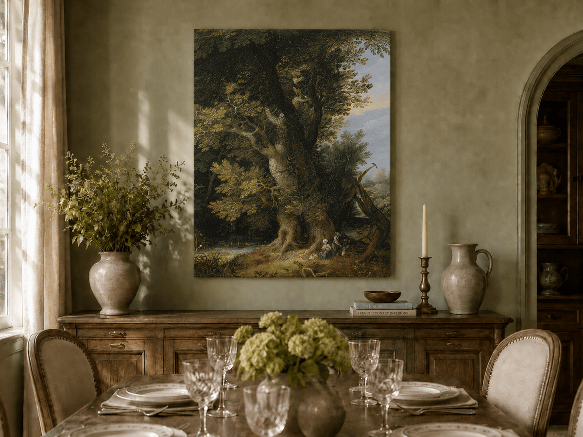 Peinture à l'huile de paysage - Rivière printanière avec pêcheur et arbres