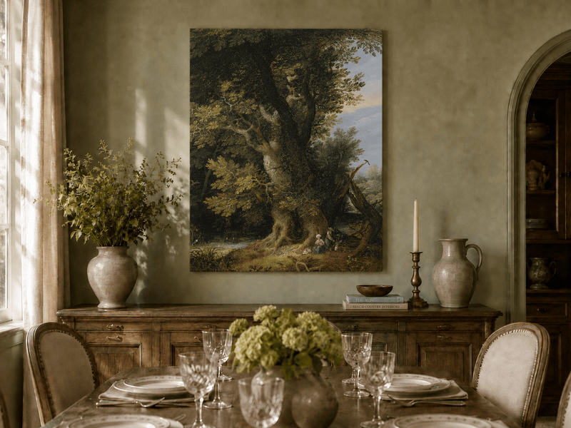 Peinture à l'huile de paysage - Rivière printanière avec pêcheur et arbres