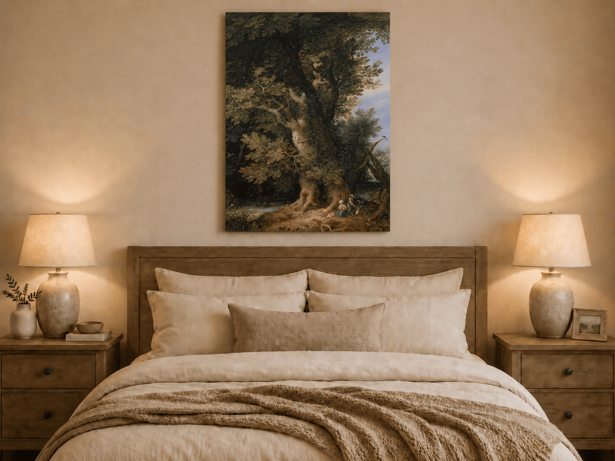 Peinture à l'huile de paysage - Rivière printanière avec pêcheur et arbres