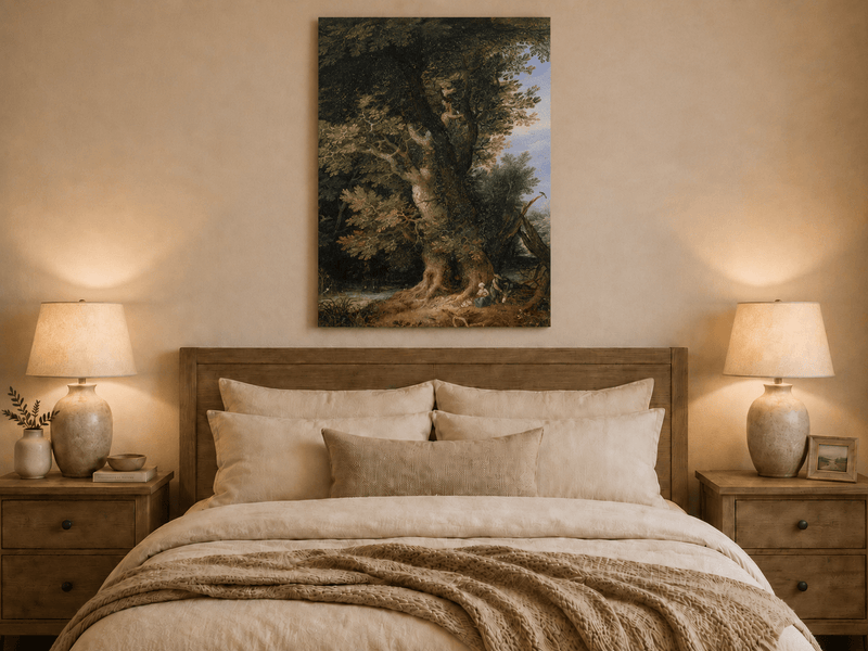 Peinture à l'huile de paysage - Rivière printanière avec pêcheur et arbres