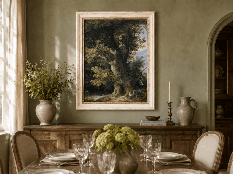 Peinture à l'huile de paysage - Rivière printanière avec pêcheur et arbres