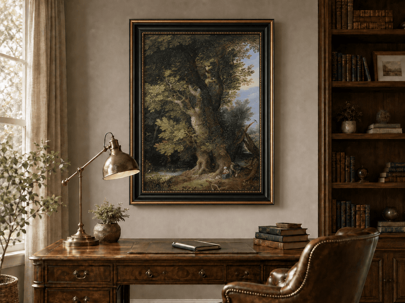 Peinture à l'huile de paysage - Rivière printanière avec pêcheur et arbres