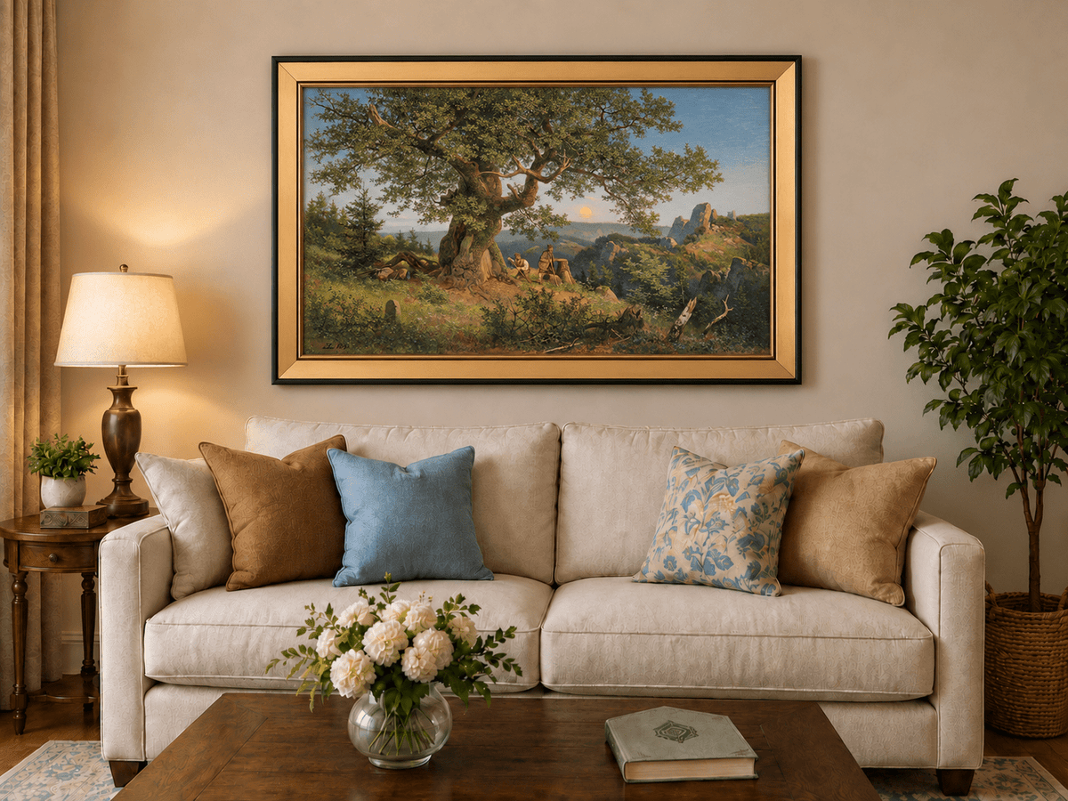 Landscape Oil Painting - Ancient Oak and Mountain Sunset Scene