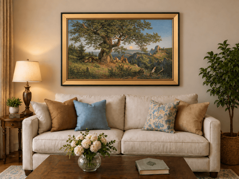 Landscape Oil Painting - Ancient Oak and Mountain Sunset Scene