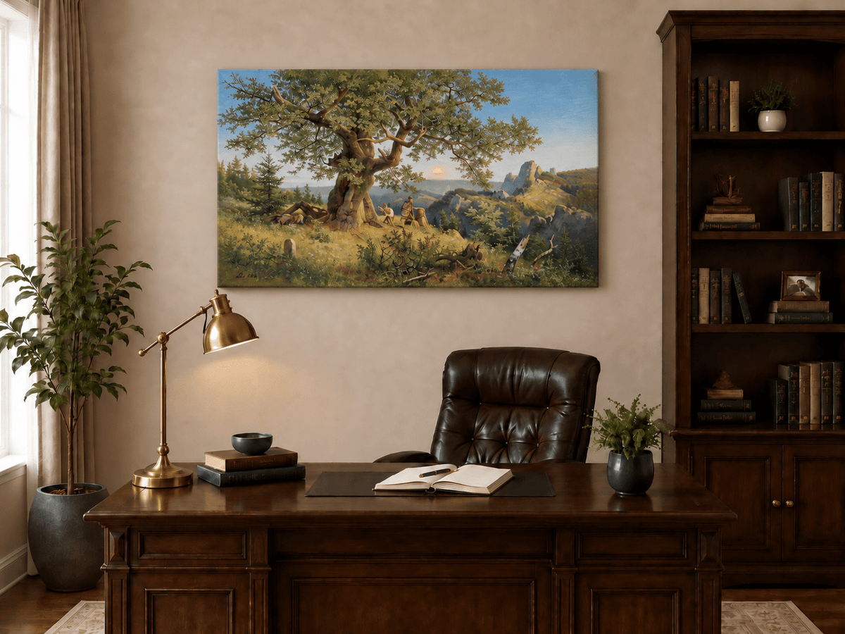 Landscape Oil Painting - Ancient Oak and Mountain Sunset Scene