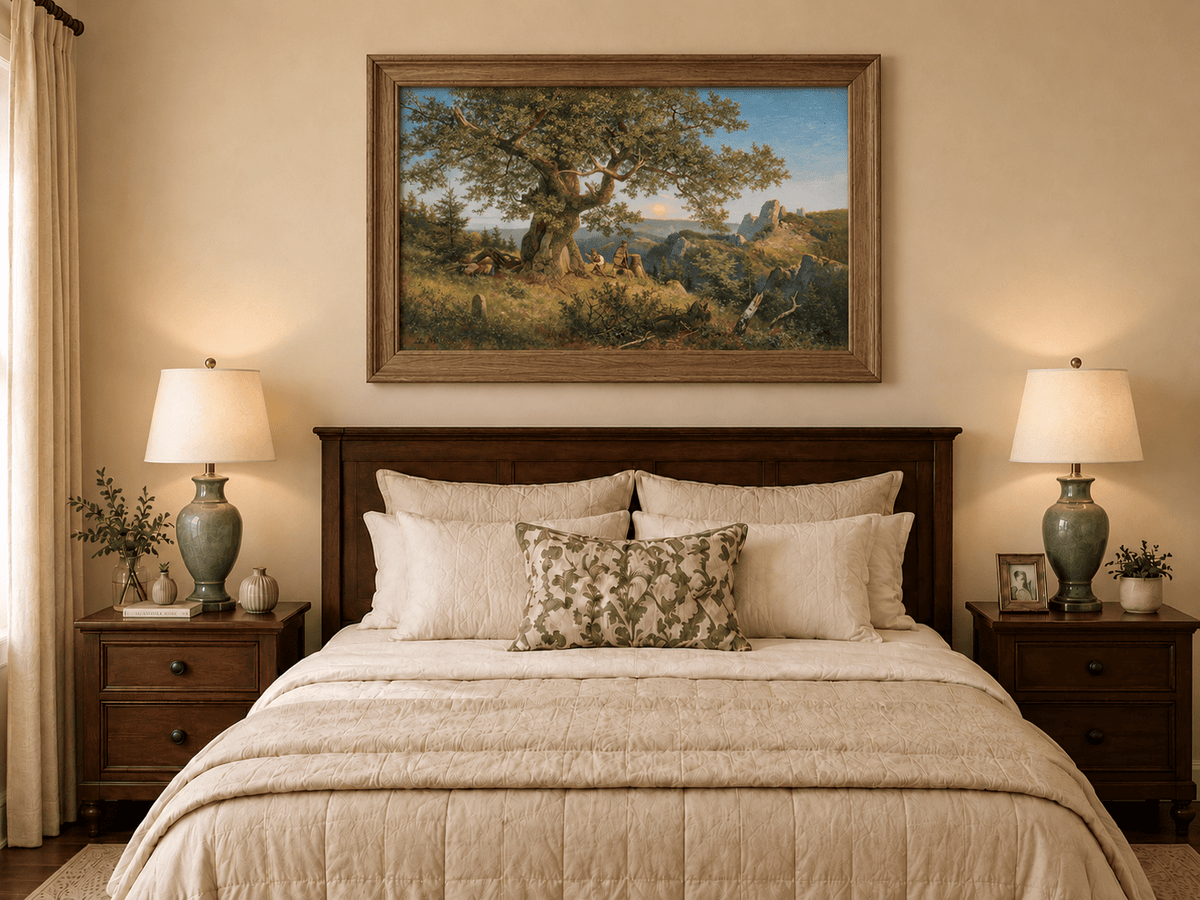 Landscape Oil Painting - Ancient Oak and Mountain Sunset Scene