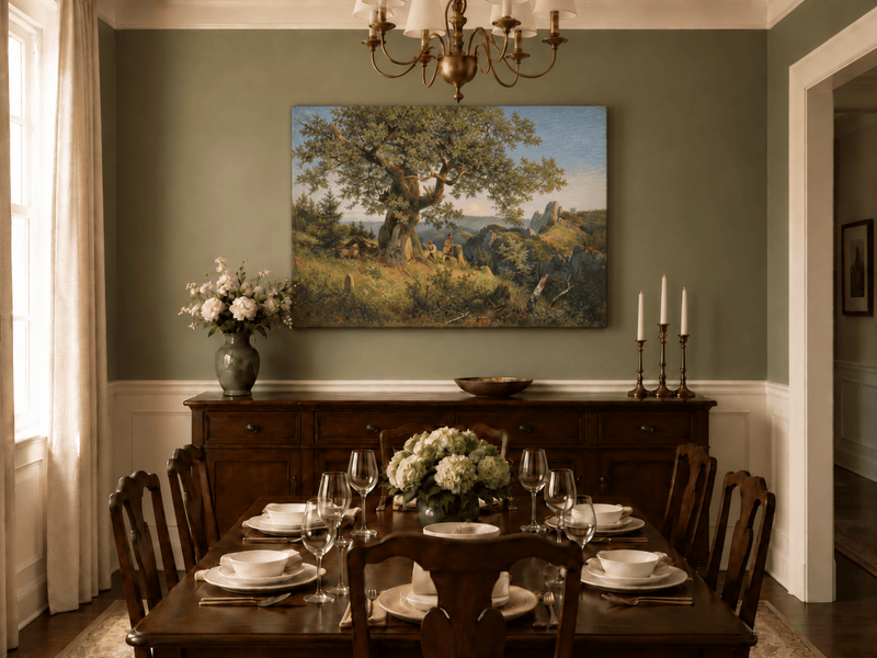 Landscape Oil Painting - Ancient Oak and Mountain Sunset Scene