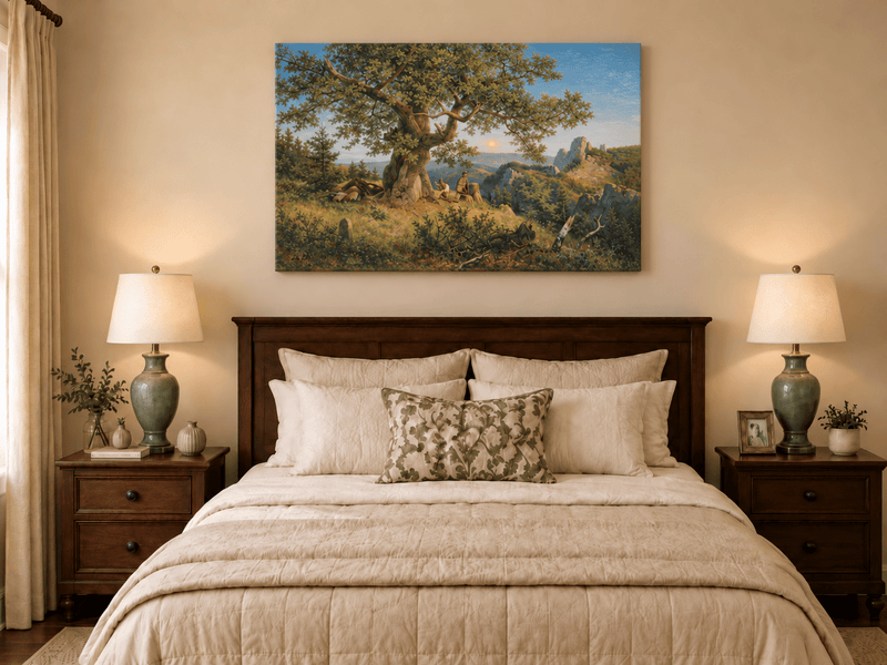Landscape Oil Painting - Ancient Oak and Mountain Sunset Scene