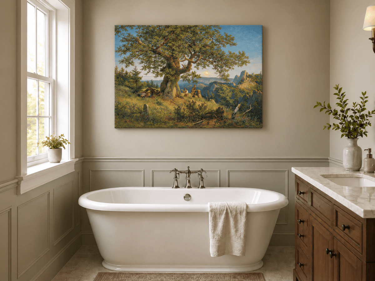 Landscape Oil Painting - Ancient Oak and Mountain Sunset Scene