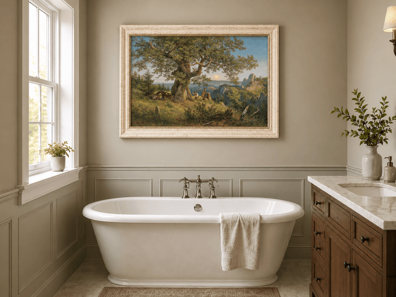 Landscape Oil Painting - Ancient Oak and Mountain Sunset Scene