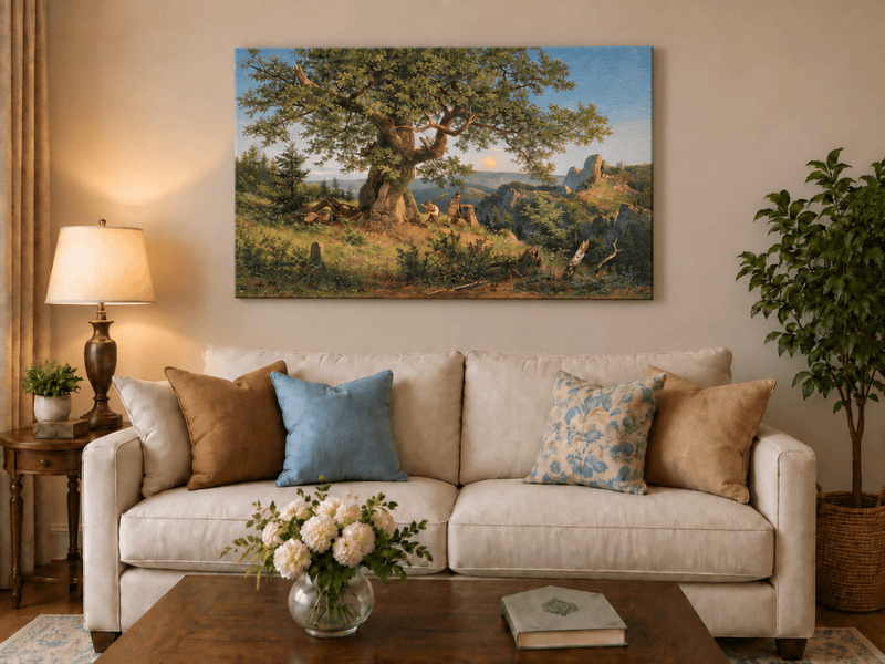 Landscape Oil Painting - Ancient Oak and Mountain Sunset Scene