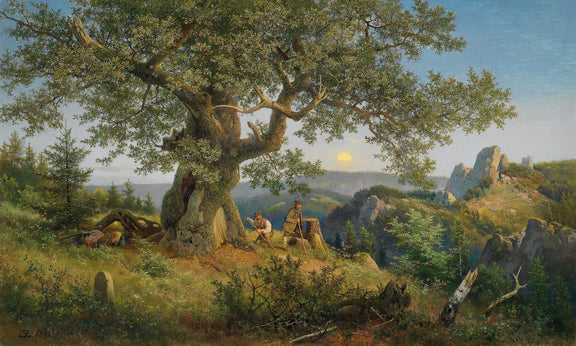 Hand-painted ancient oak and mountain sunset scene landscape oil painting on canvas
