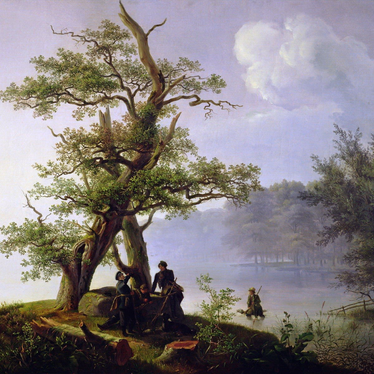 Landscape Oil Painting - Ancient oak misty lake & wooded shore - Oil Painting Haven