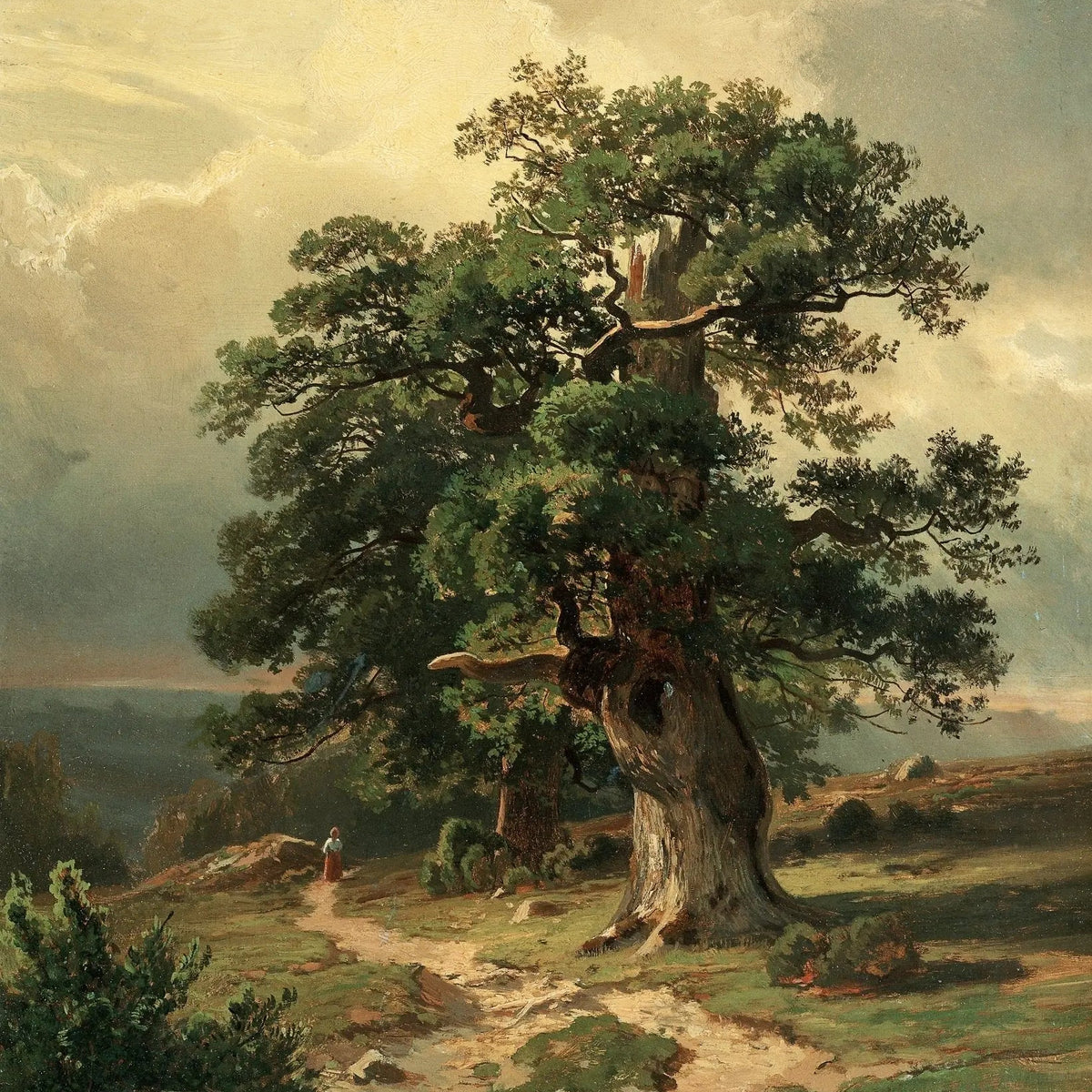 Landscape Oil Painting - Ancient Oak Tree with Path Wall Art - Oil Painting Haven