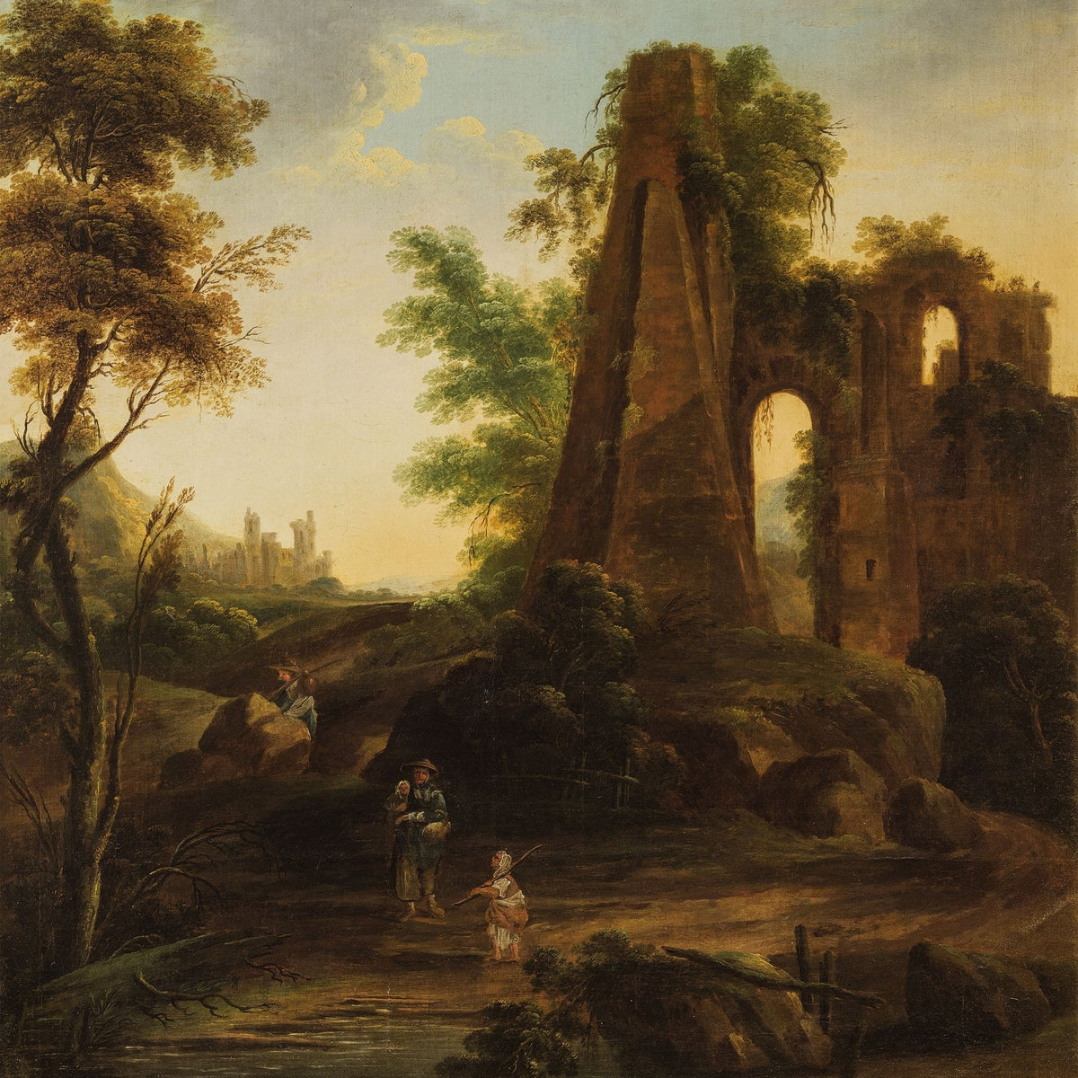 Hand-painted ancient ruins and figures by river landscape oil painting on canvas
