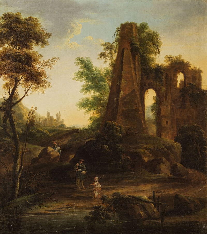 Hand-painted ancient ruins and figures by river landscape oil painting on canvas