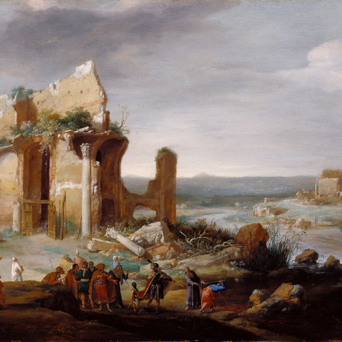 Landscape Oil Painting - Ancient Ruins by River with Figures - Oil Painting Haven