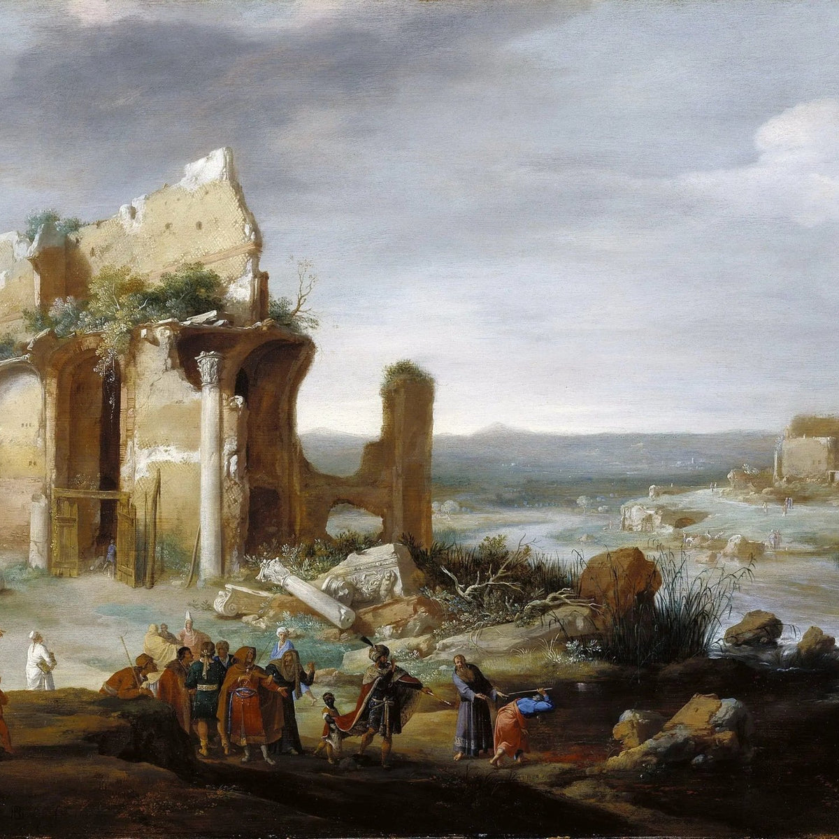 Landscape Oil Painting - Ancient Ruins by River with Figures - Oil Painting Haven