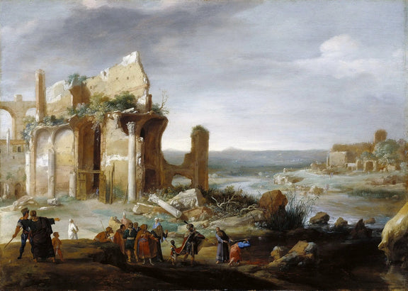 Landscape Oil Painting - Ancient Ruins by River with Figures - Oil Painting Haven