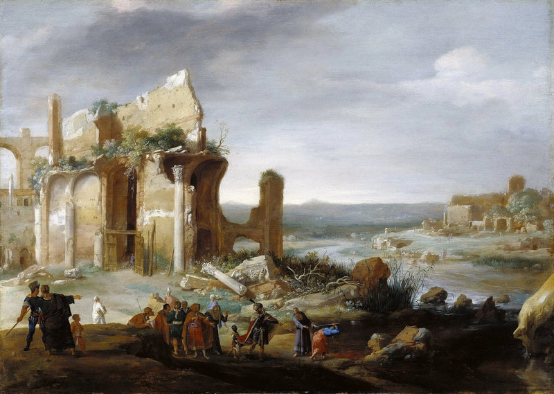 Landscape Oil Painting - Ancient Ruins by River with Figures - Oil Painting Haven