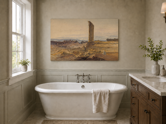 Hand-painted ancient ruins with a column in the desert landscape oil painting displayed in a bathroom interior above a bathtub.
