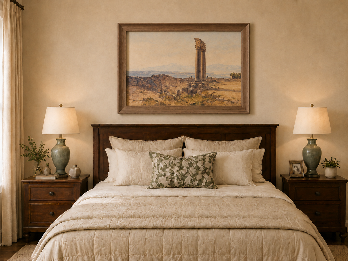 Hand-painted ancient ruins with a column in the desert landscape oil painting displayed above a bed in a bedroom interior.