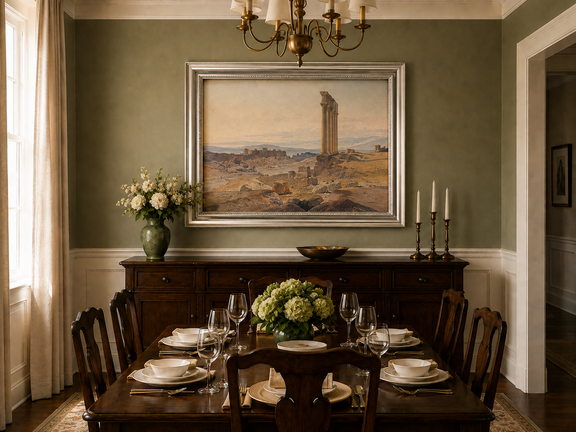 Hand-painted ancient ruins with a column in the desert landscape oil painting displayed in a dining room interior.