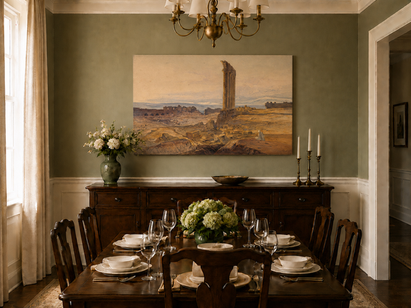 Hand-painted ancient ruins with a column in the desert landscape oil painting displayed in a dining room interior.