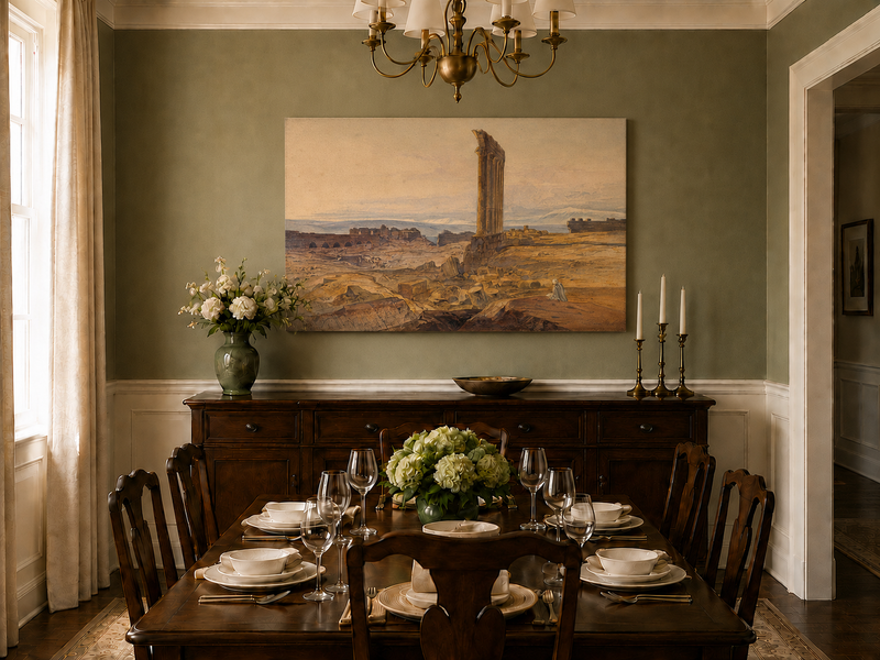 Hand-painted ancient ruins with a column in the desert landscape oil painting displayed in a dining room interior.